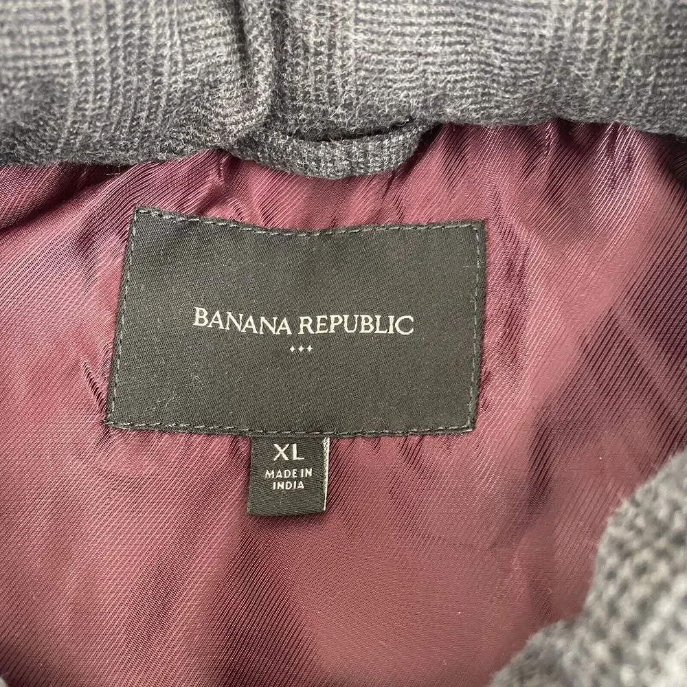 Banana Republic Puffer Vest Men XL Grey Plaid‎ Flannel Satin Lined Full Zip
